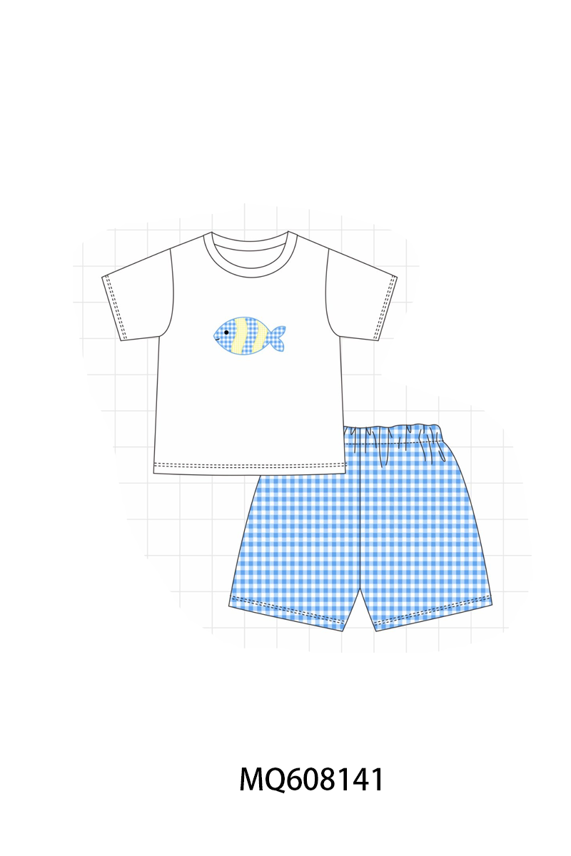 PO103 Blue gingham fish embroidery ruffle collection