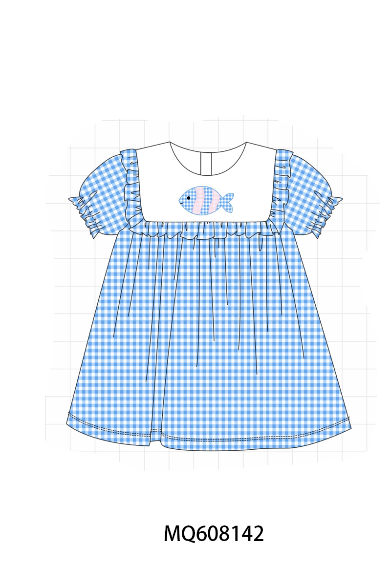 PO103 Blue gingham fish embroidery ruffle collection