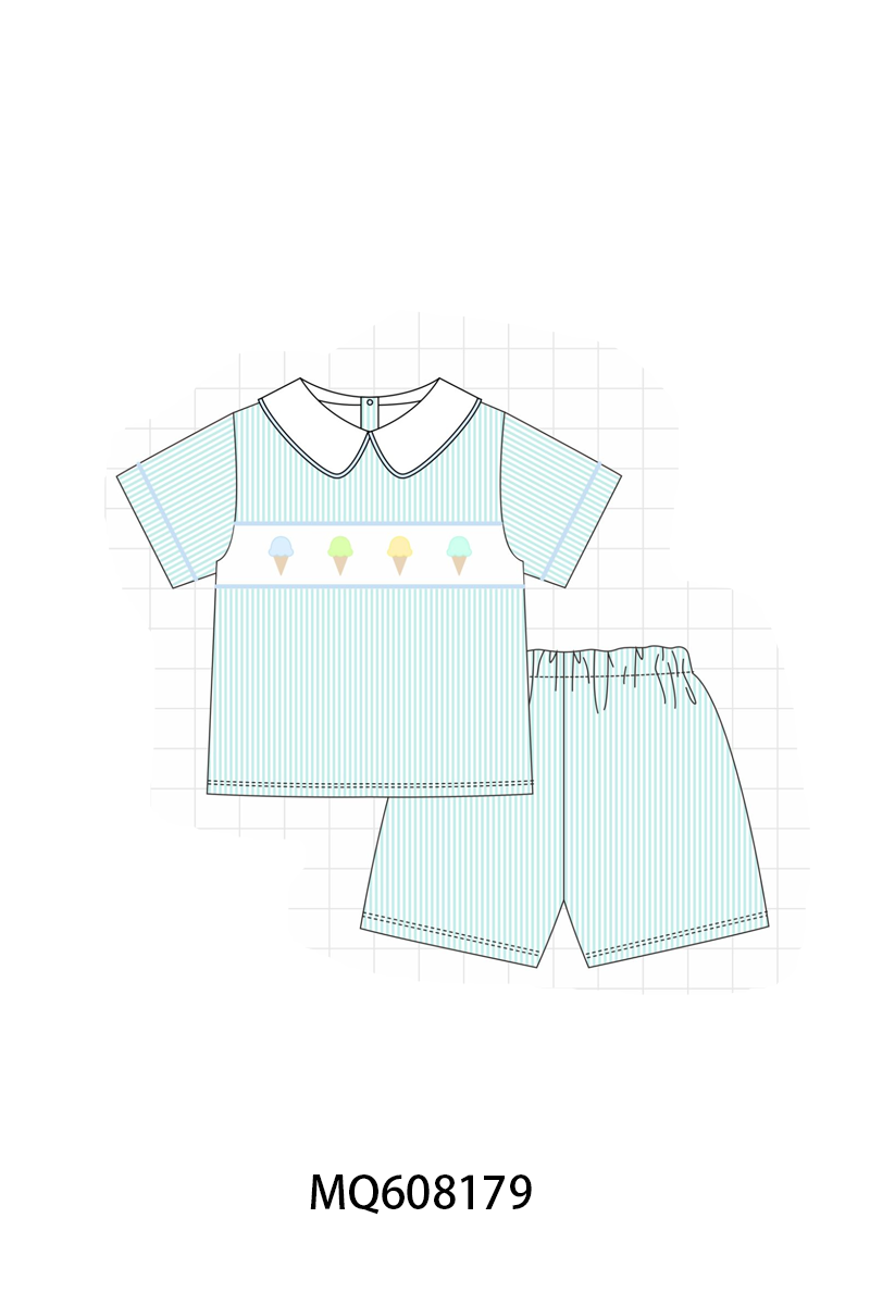PO103 Pink&mint seersucker ice cream embroidery collection