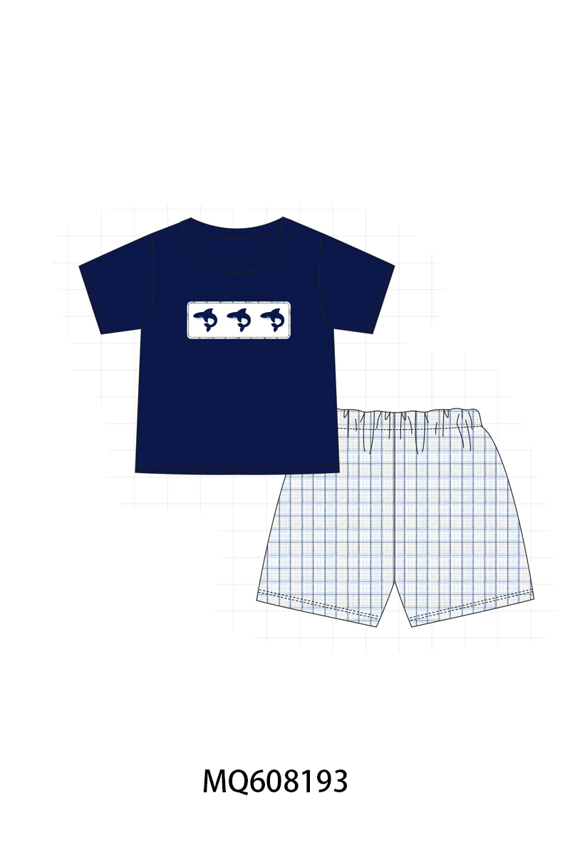 PO103 Navy shark embroidery plaid collection