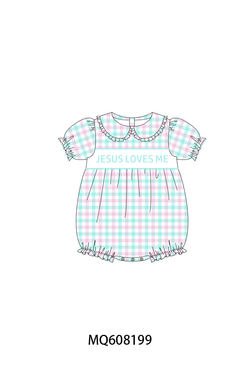 PO103 Blue jesus loves me embroidery gingham collection