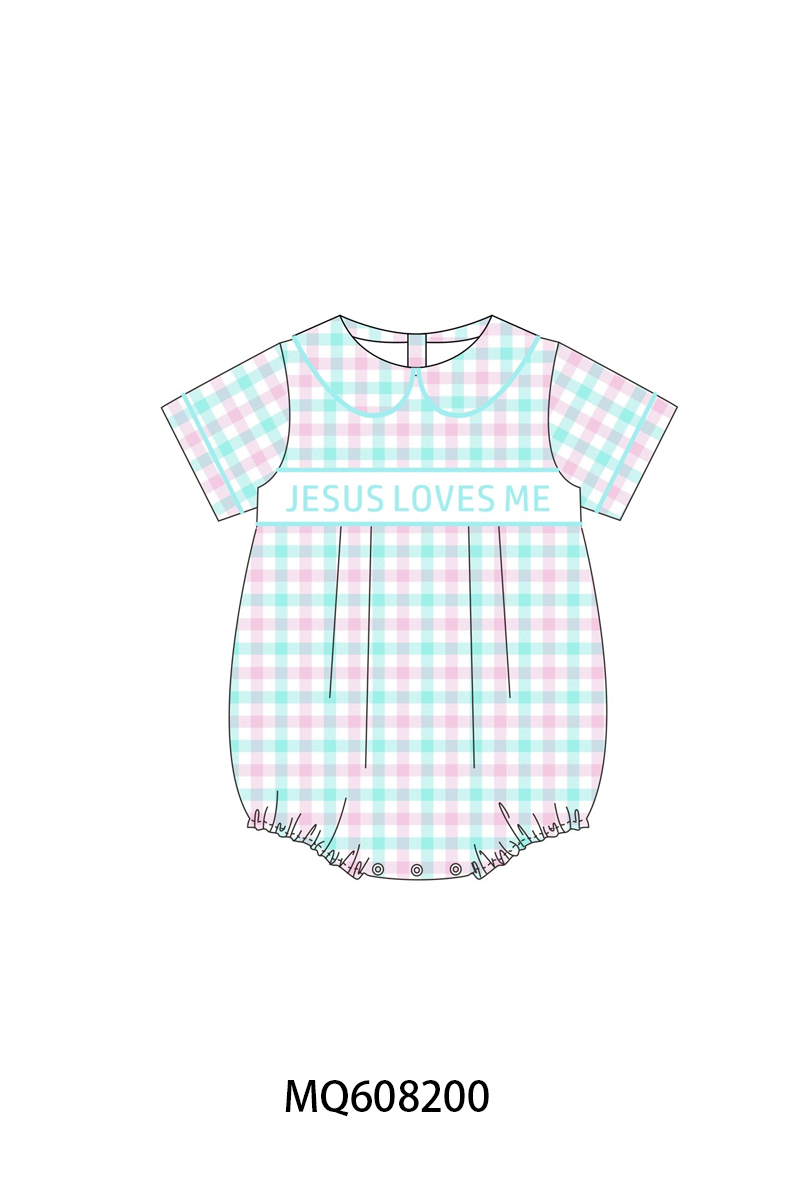 PO103 Blue jesus loves me embroidery gingham collection