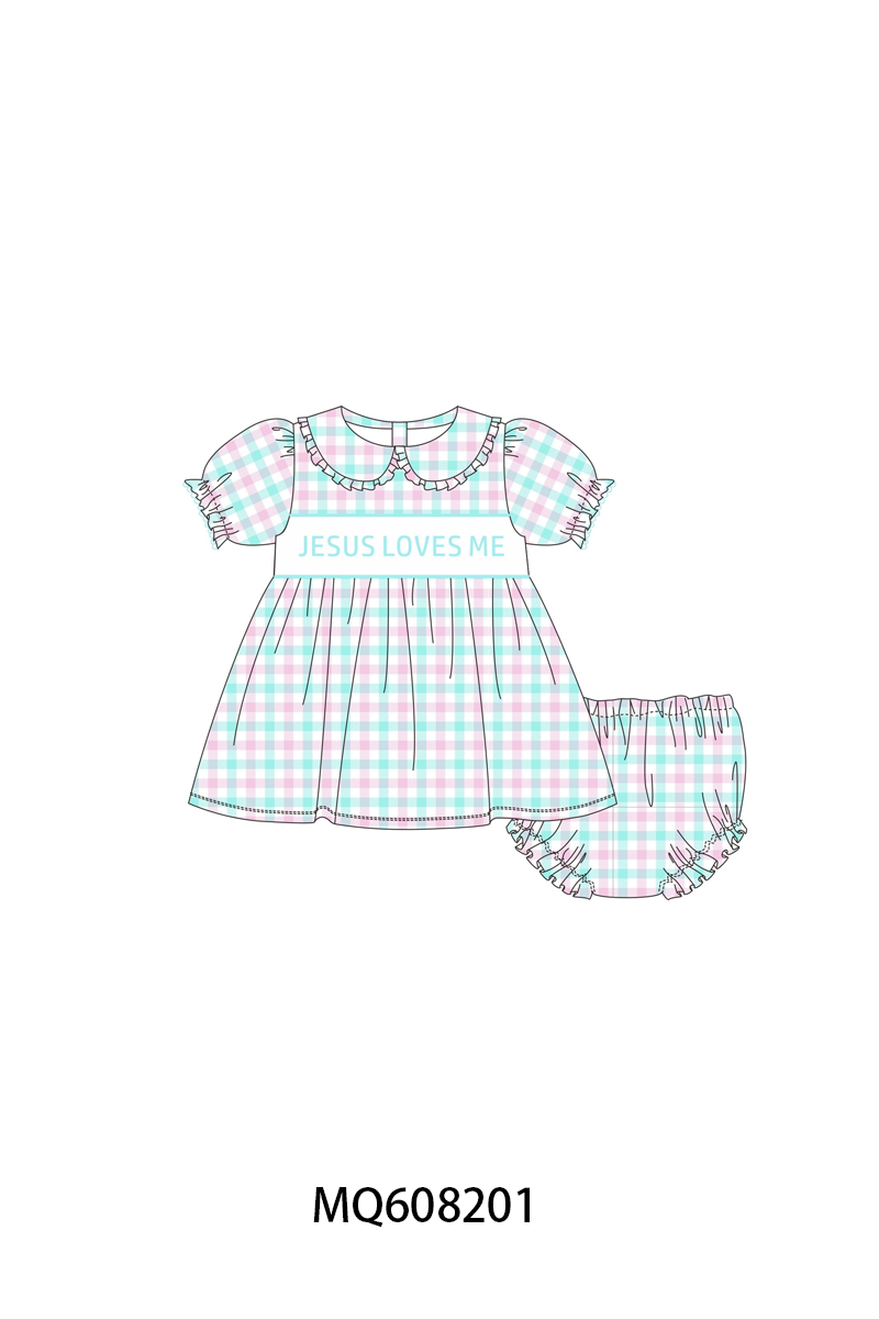 PO103 Blue jesus loves me embroidery gingham collection