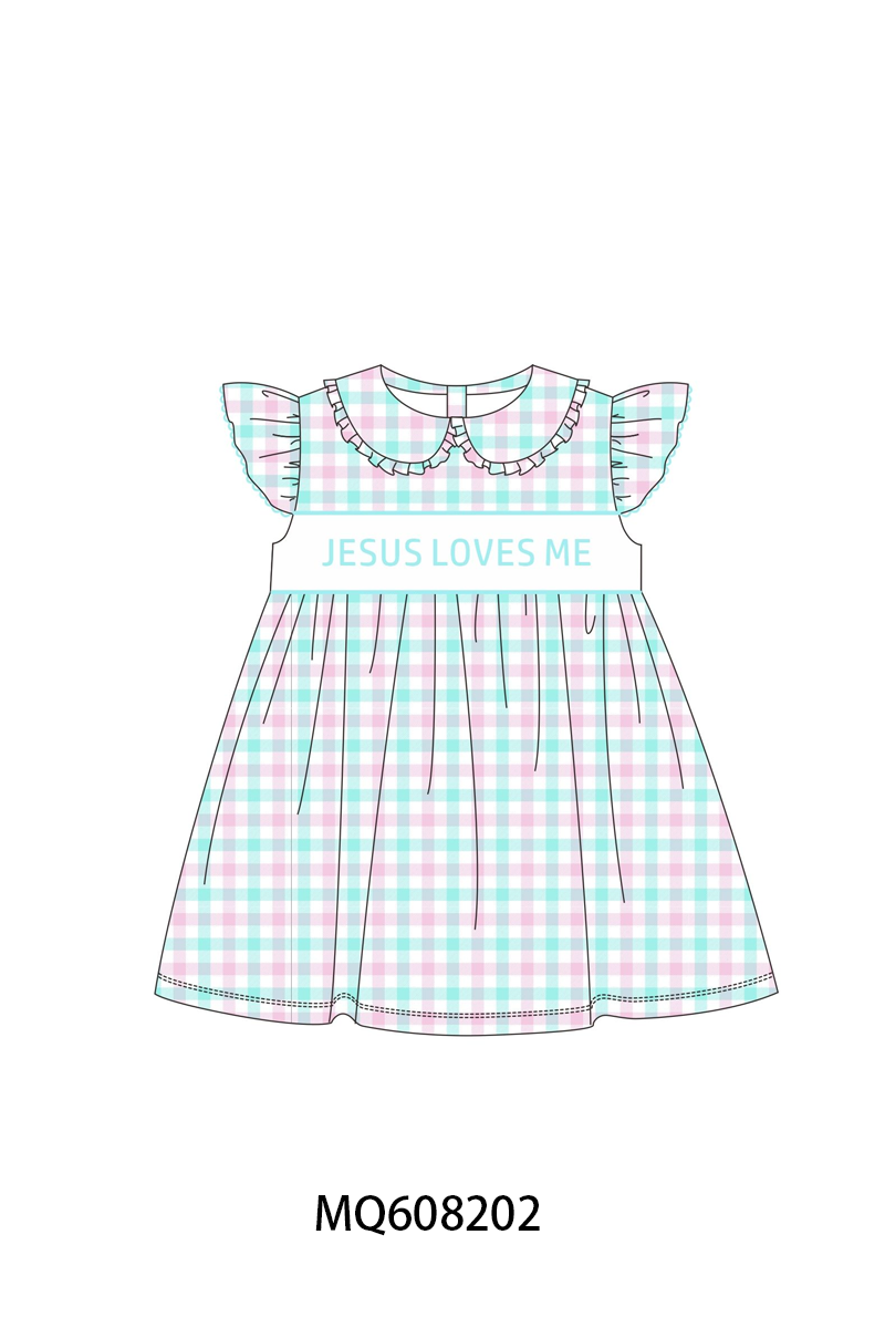 PO103 Blue jesus loves me embroidery gingham collection
