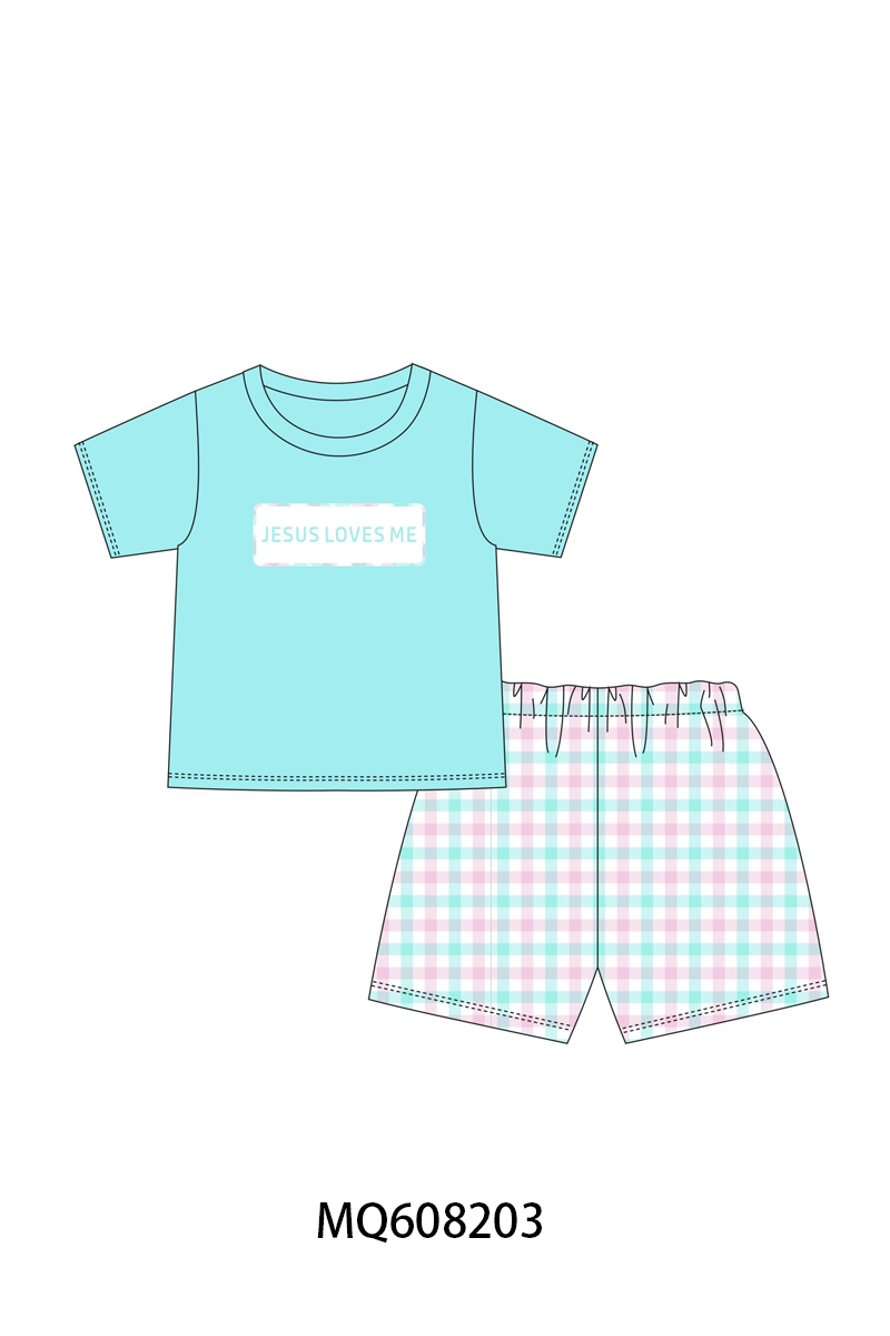 PO103 Blue jesus loves me embroidery gingham collection