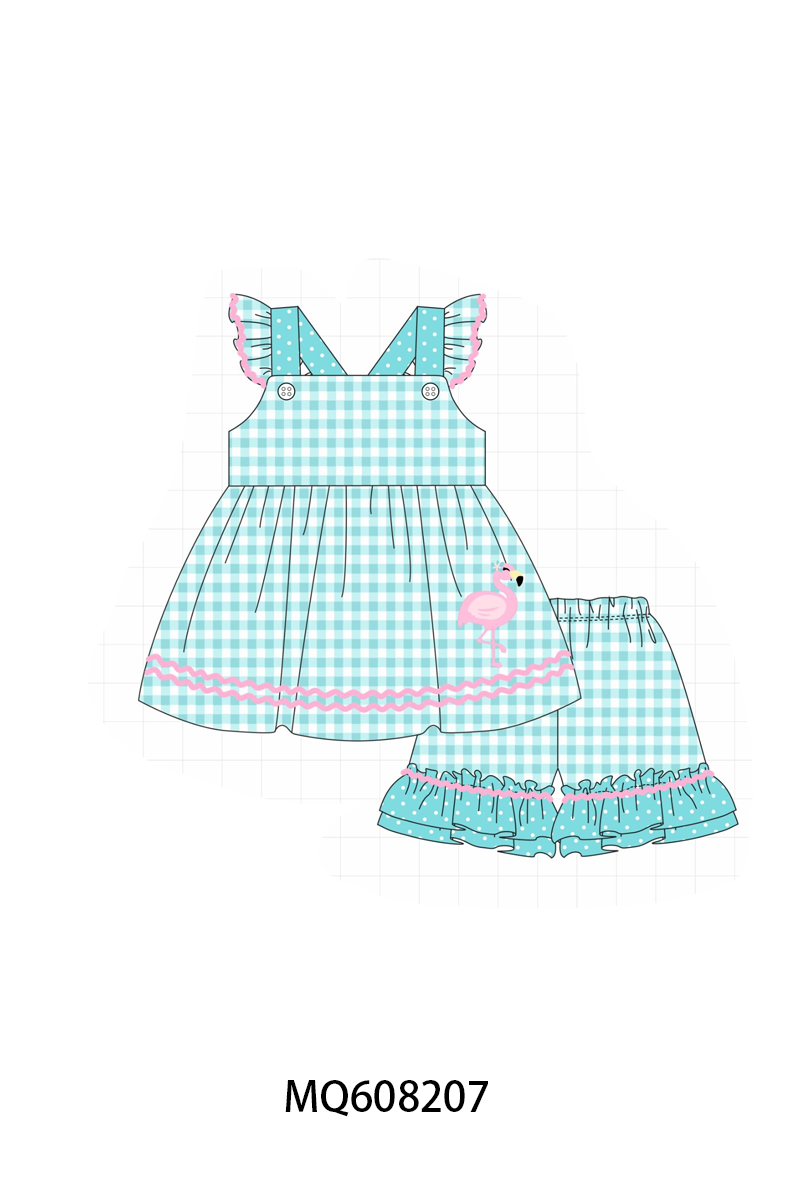PO103 Teal flamingo embroidery gingham collection
