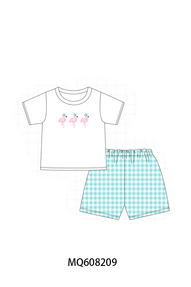 PO103 Teal flamingo embroidery gingham collection
