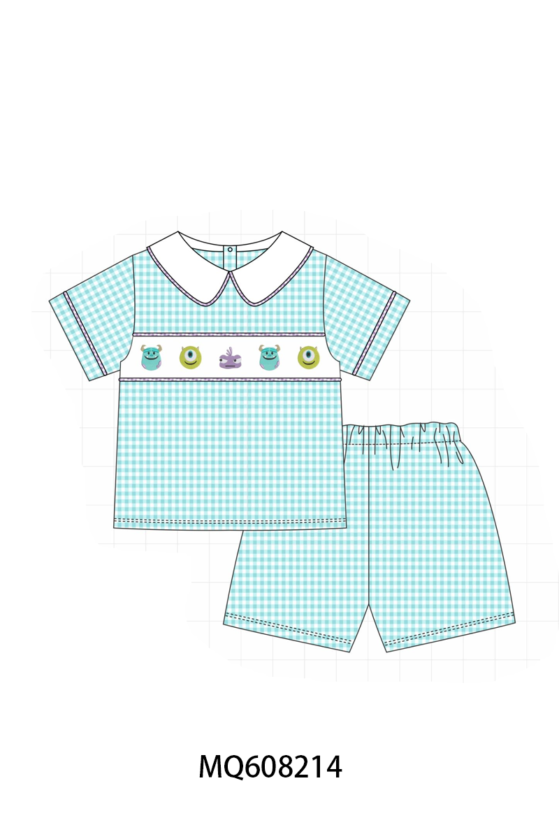 PO103 Blue gingham monster embroidery collection