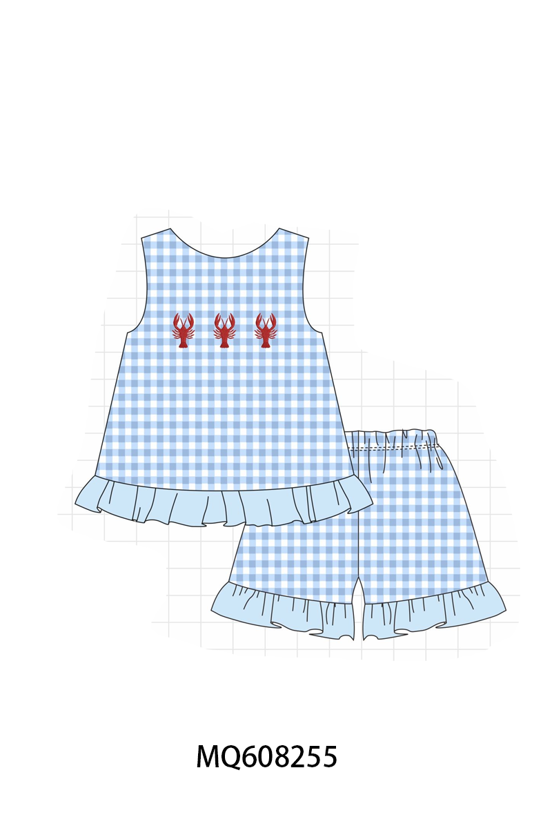 PO103 Blue lobster embroidery gingham collection