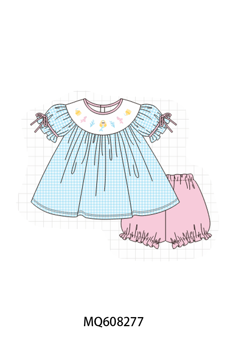 PO103 Blue fish embroidery gingham collection