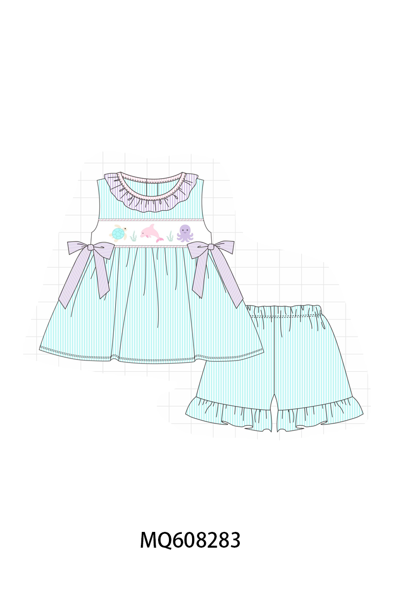 PO103 Mint marine creatrue embroidery seersucker ruffle collection