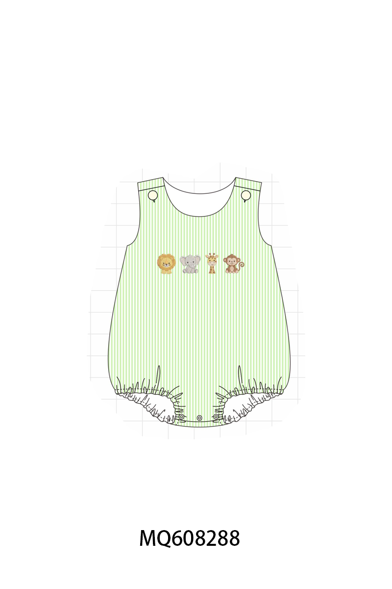 PO103 Green zoo animal embroidery seersucker collection