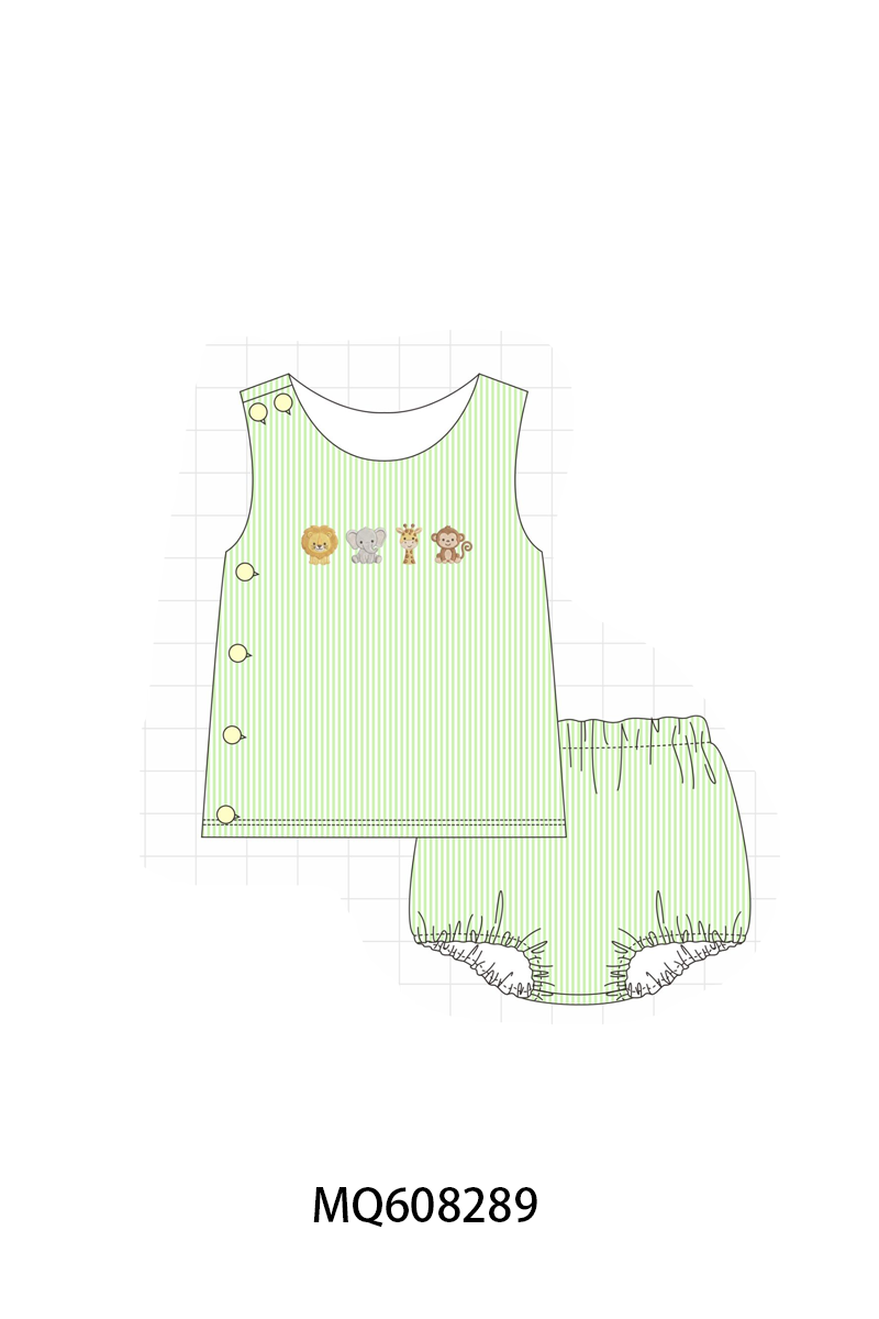 PO103 Green zoo animal embroidery seersucker collection