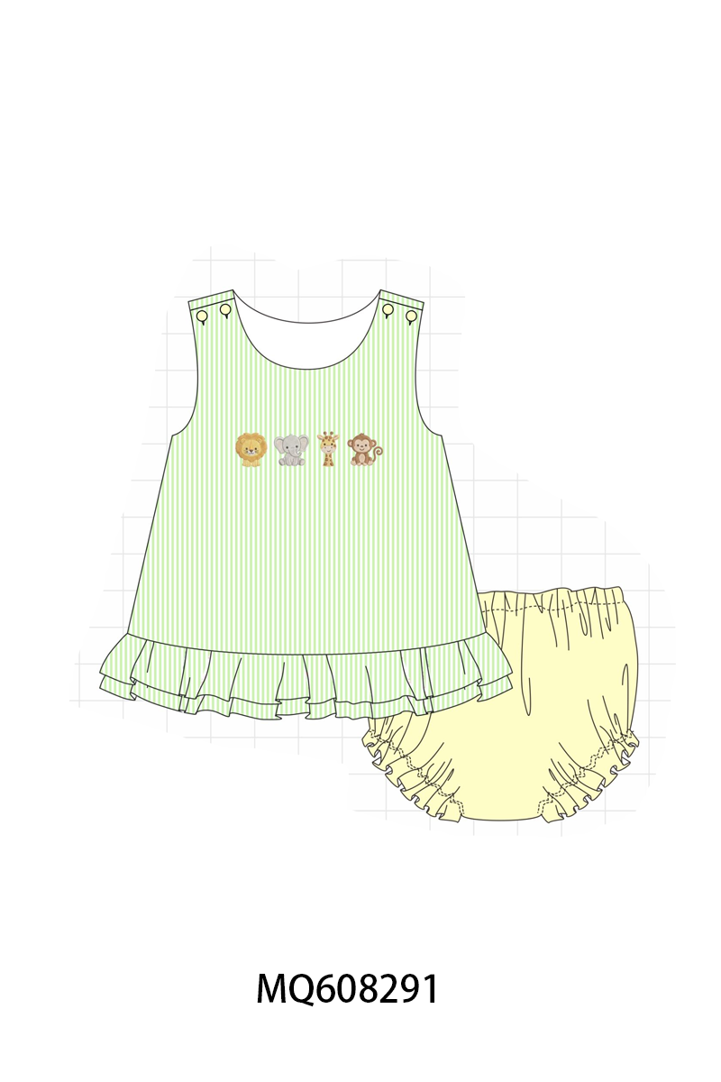 PO103 Green zoo animal embroidery seersucker collection