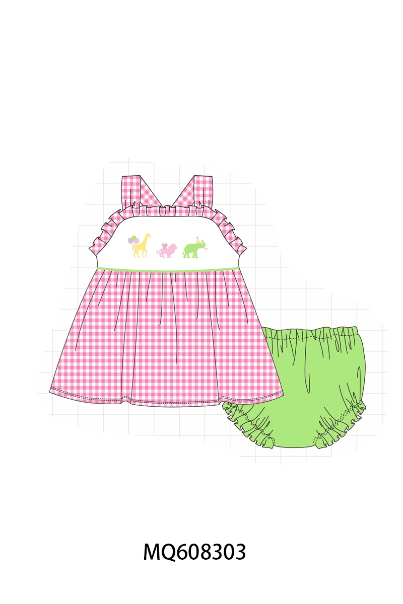 PO103 Pink&blue animal embroidery gingham collection