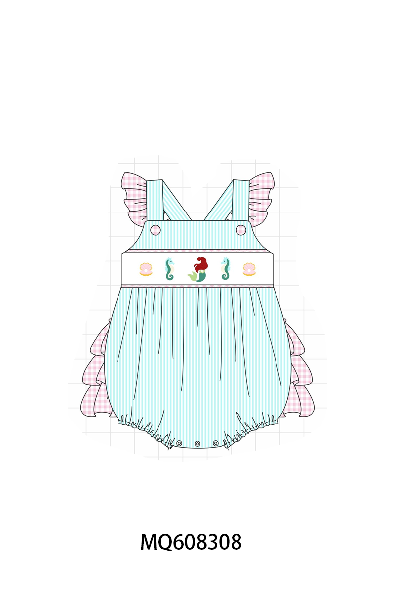 PO103 Blue seahorse embroidery seersuker ruffle collection