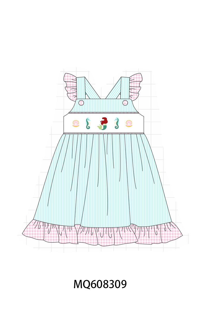 PO103 Blue seahorse embroidery seersuker ruffle collection