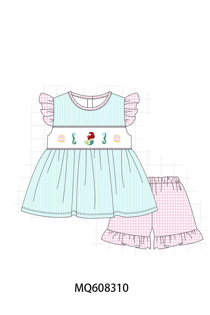 PO103 Blue seahorse embroidery seersuker ruffle collection