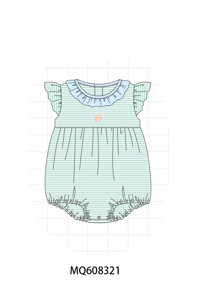 PO103 Green stripe fish embroidery ruffle colleciton