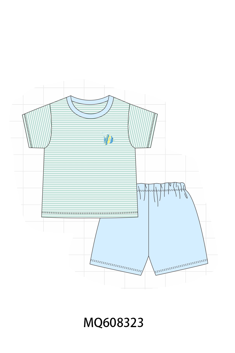 PO103 Green stripe fish embroidery ruffle colleciton