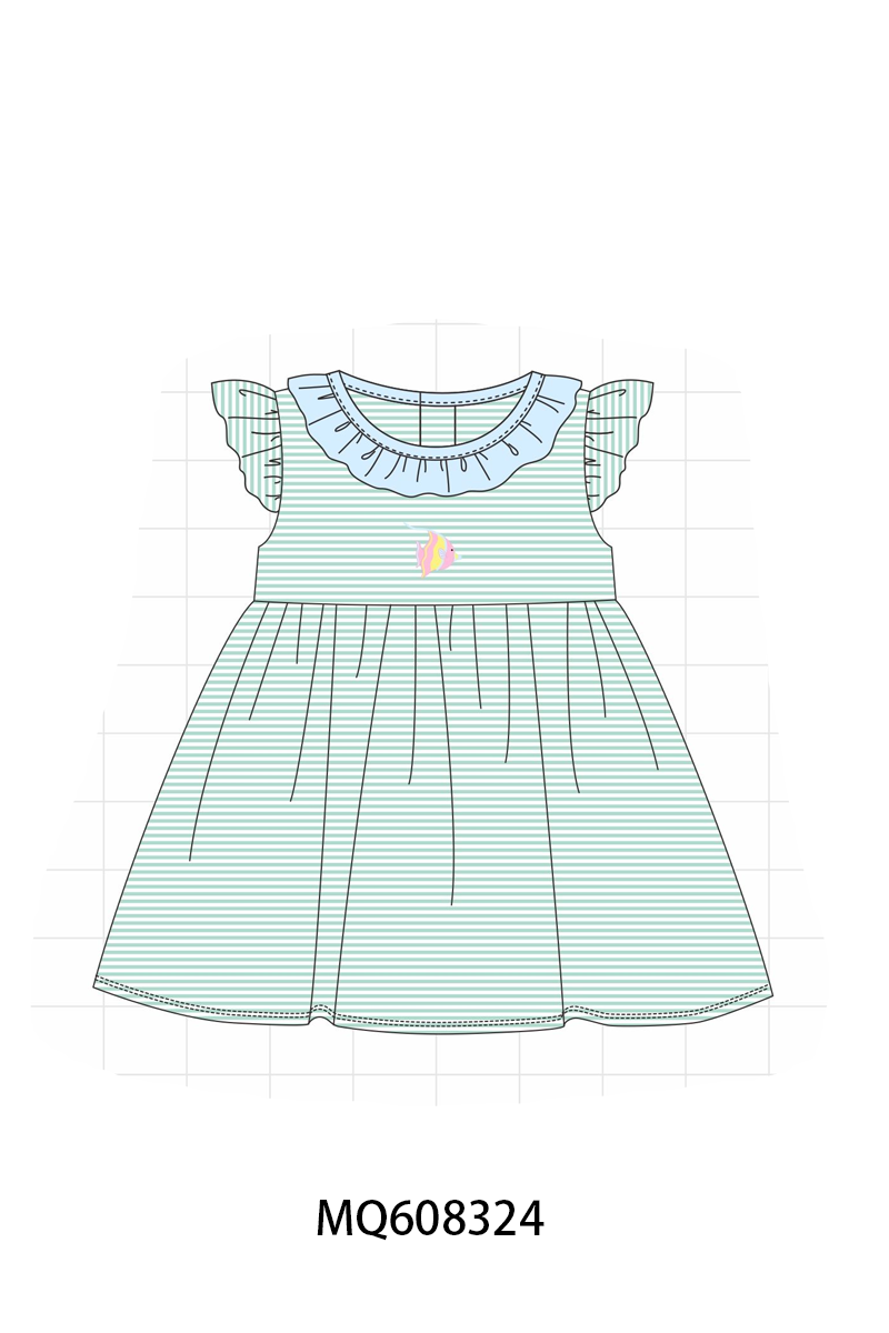 PO103 Green stripe fish embroidery ruffle colleciton