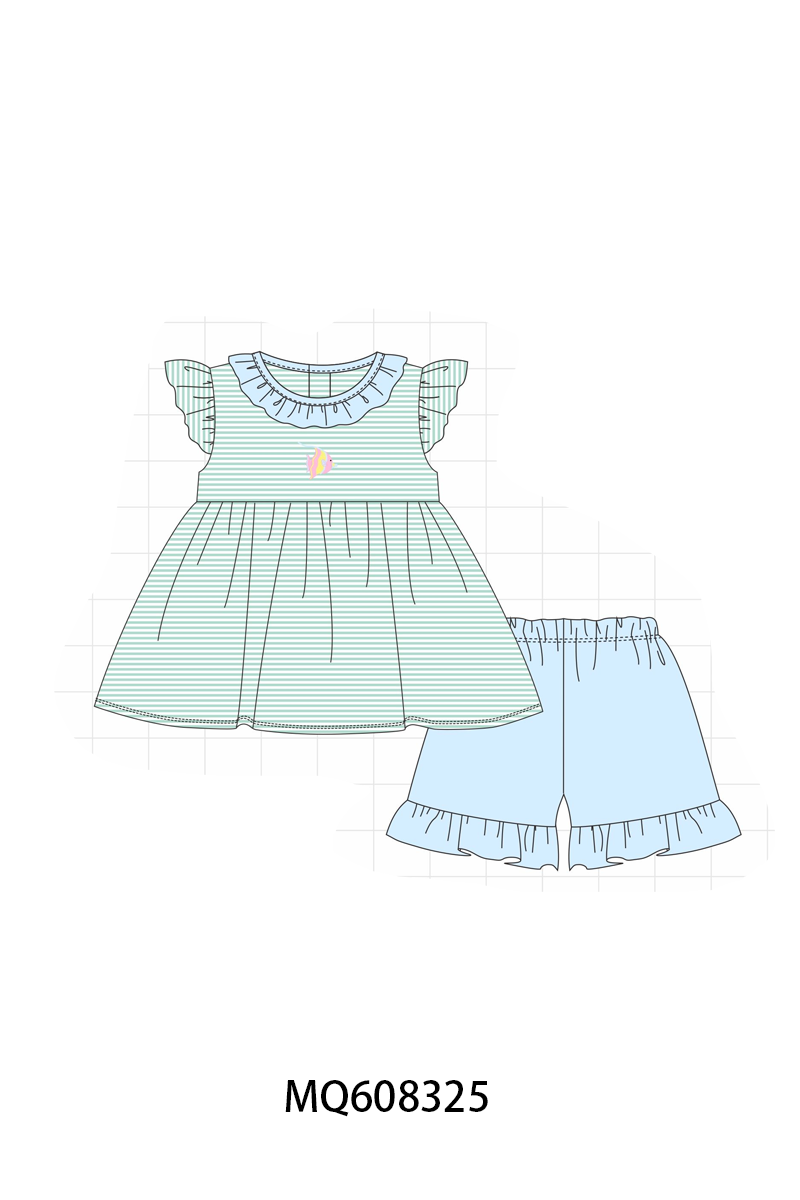 PO103 Green stripe fish embroidery ruffle colleciton