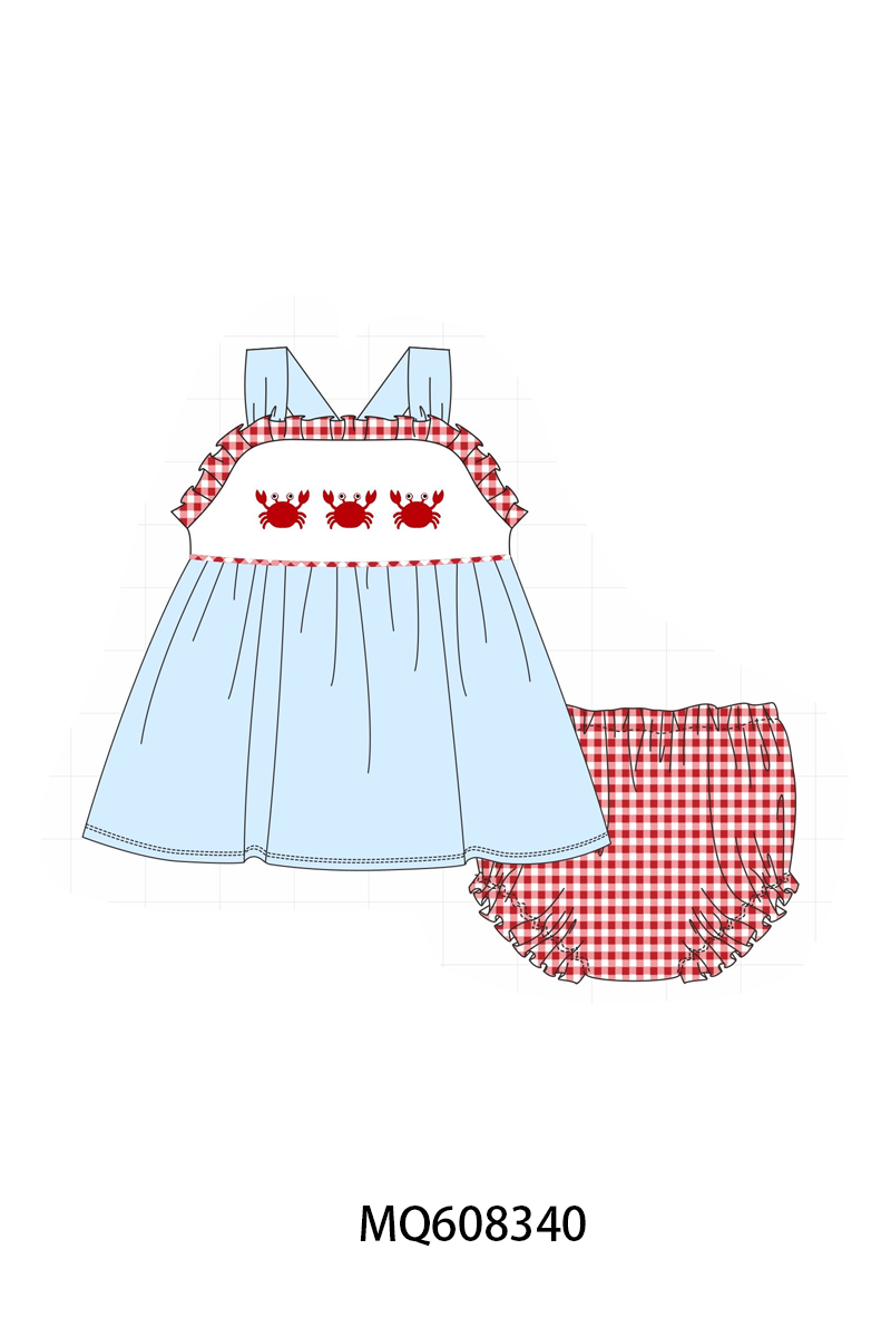 PO103 Blue crab embroidery gingham collection
