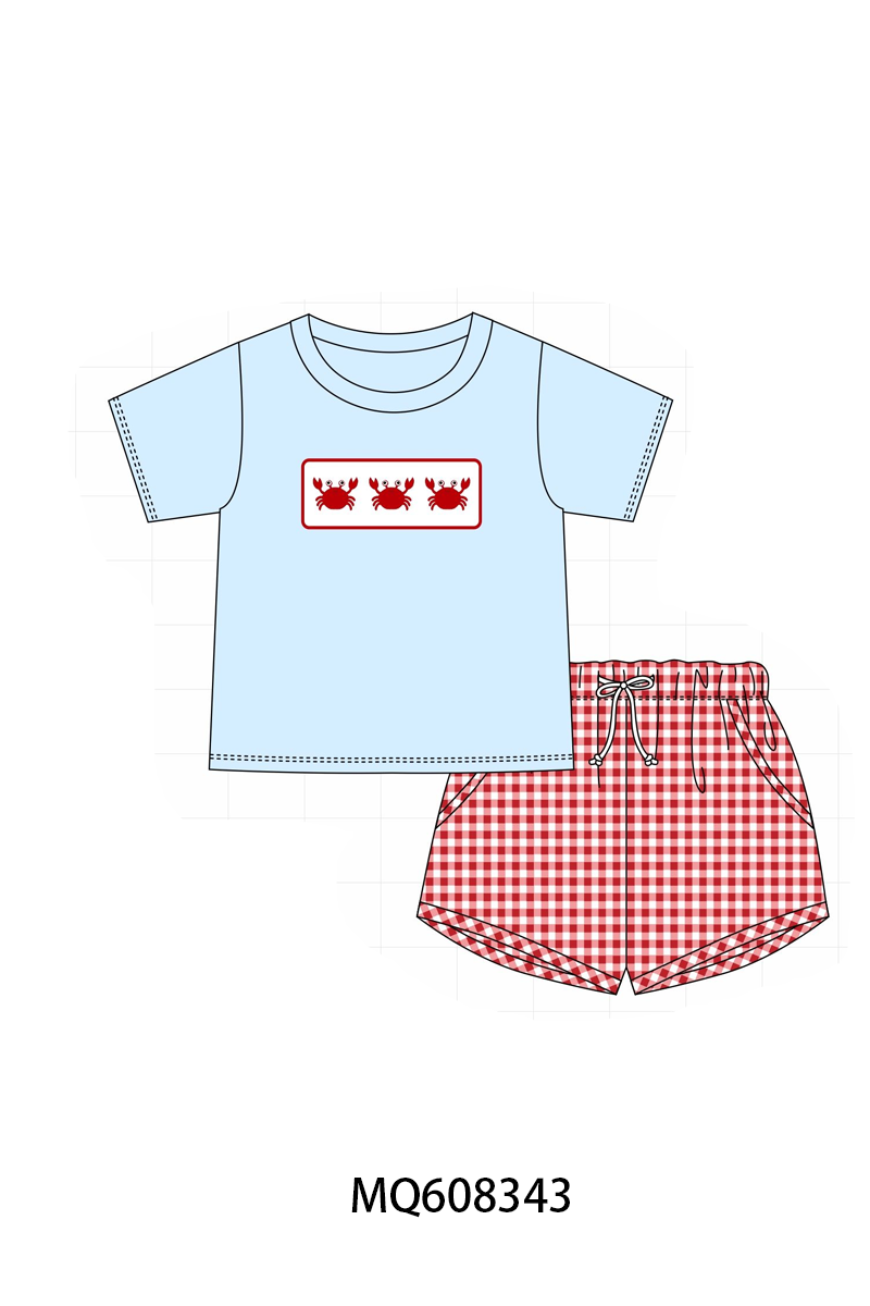 PO103 Blue crab embroidery gingham collection