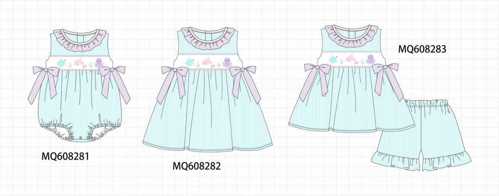PO103 Mint marine creatrue embroidery seersucker ruffle collection