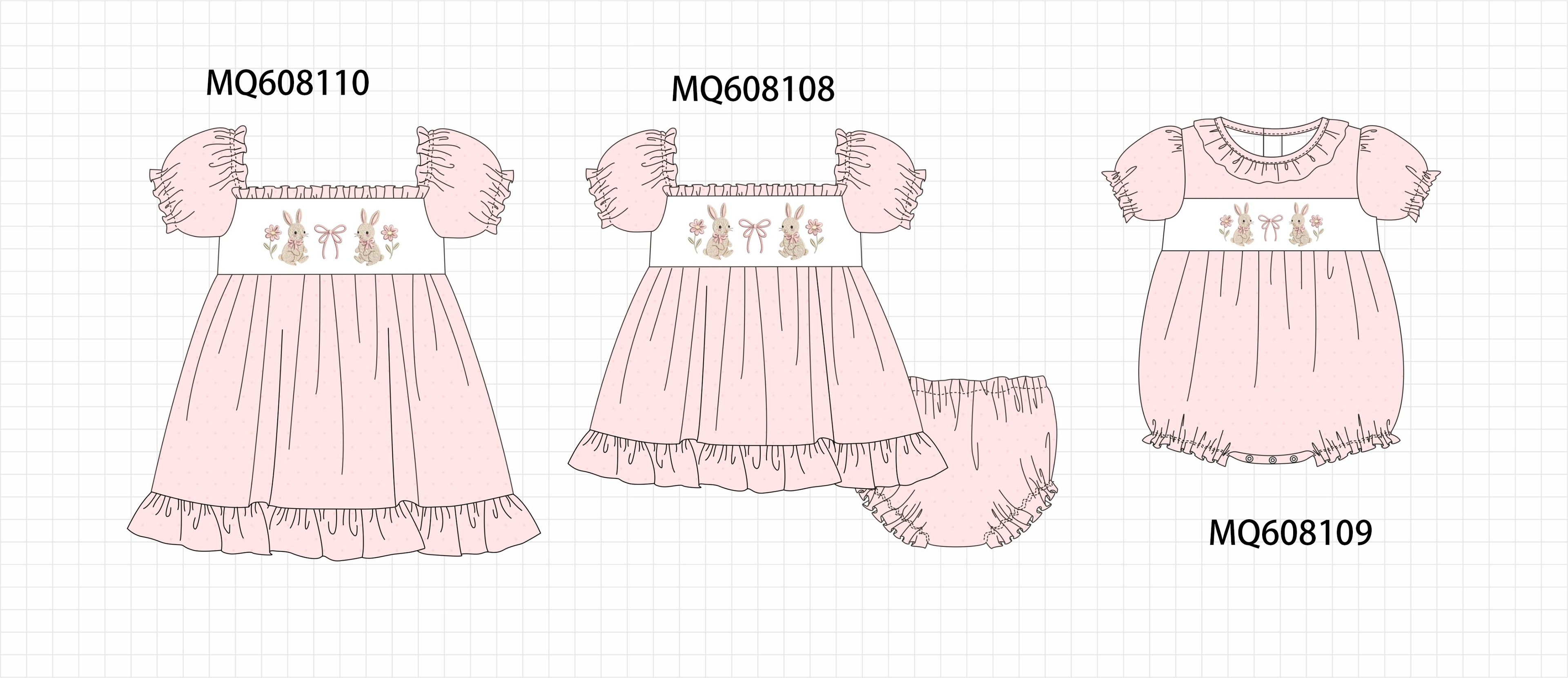 PO103 Pink bunny bow floral embroidery dot collection