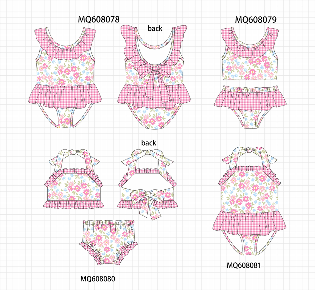 PO103 Pink floral print ruffle swimsuit