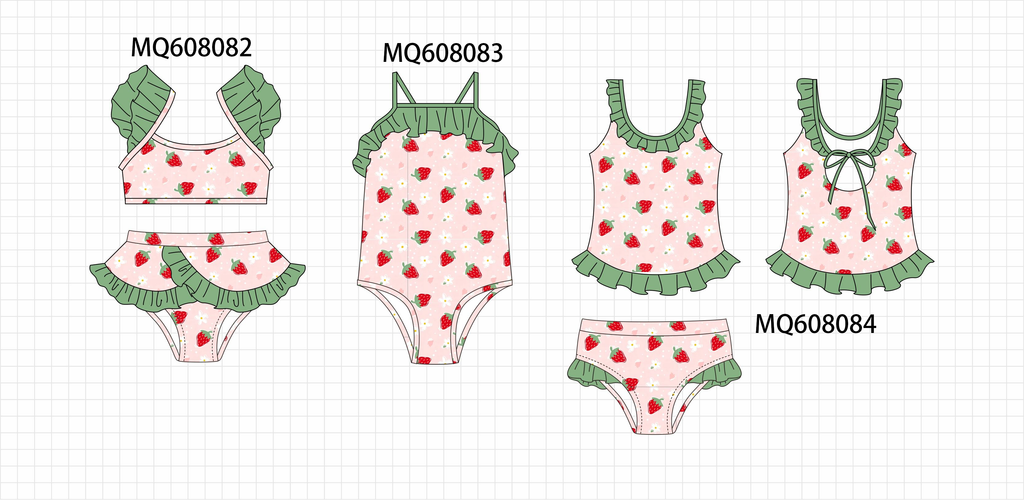 PO103 Pink strawberry print ruffle swimsuit