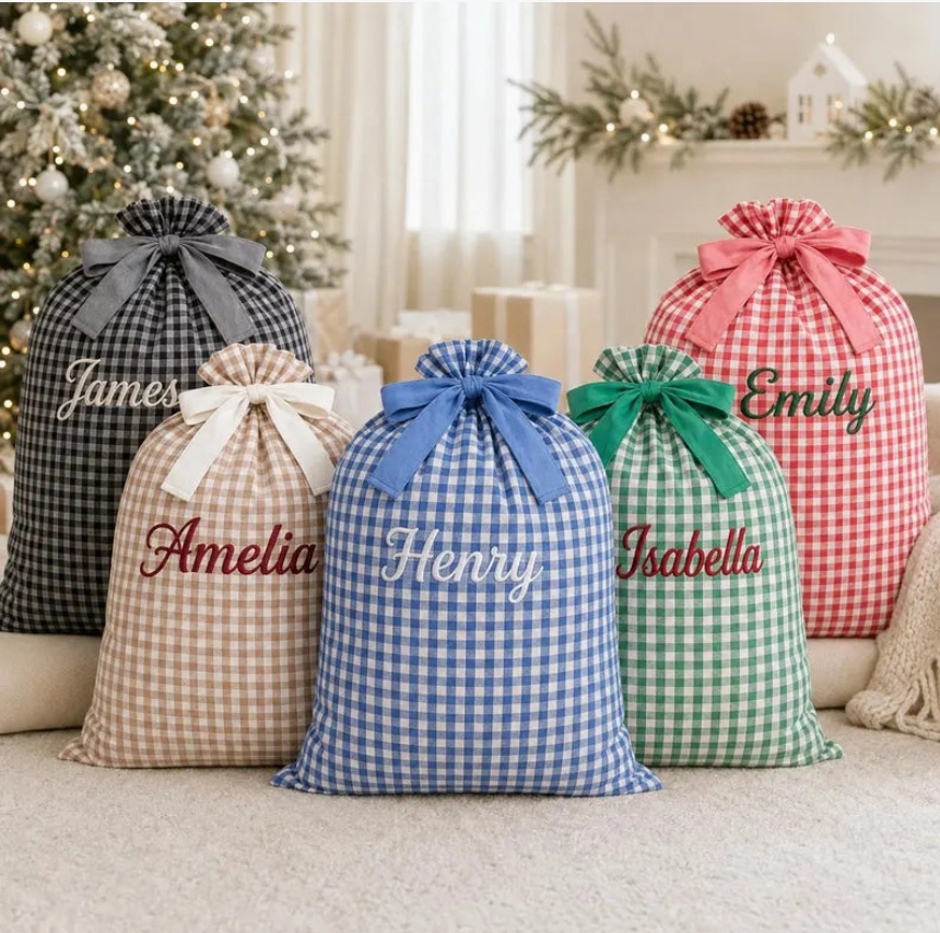 Gingham Christmas Sack Custom Embroidered Name Santa Bag