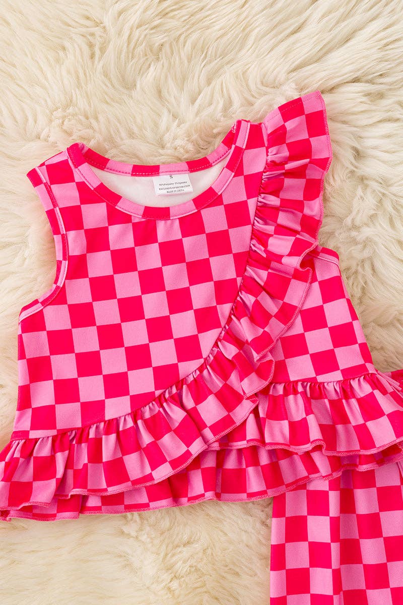 Hot pink checkered printed ruffle top & straight cut pants