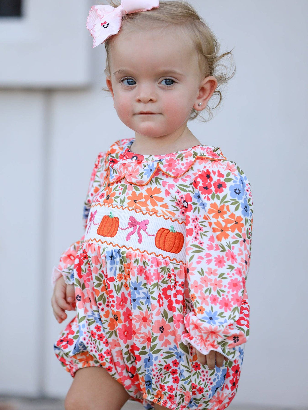 Pumpkin Bow Smock Floral Romper