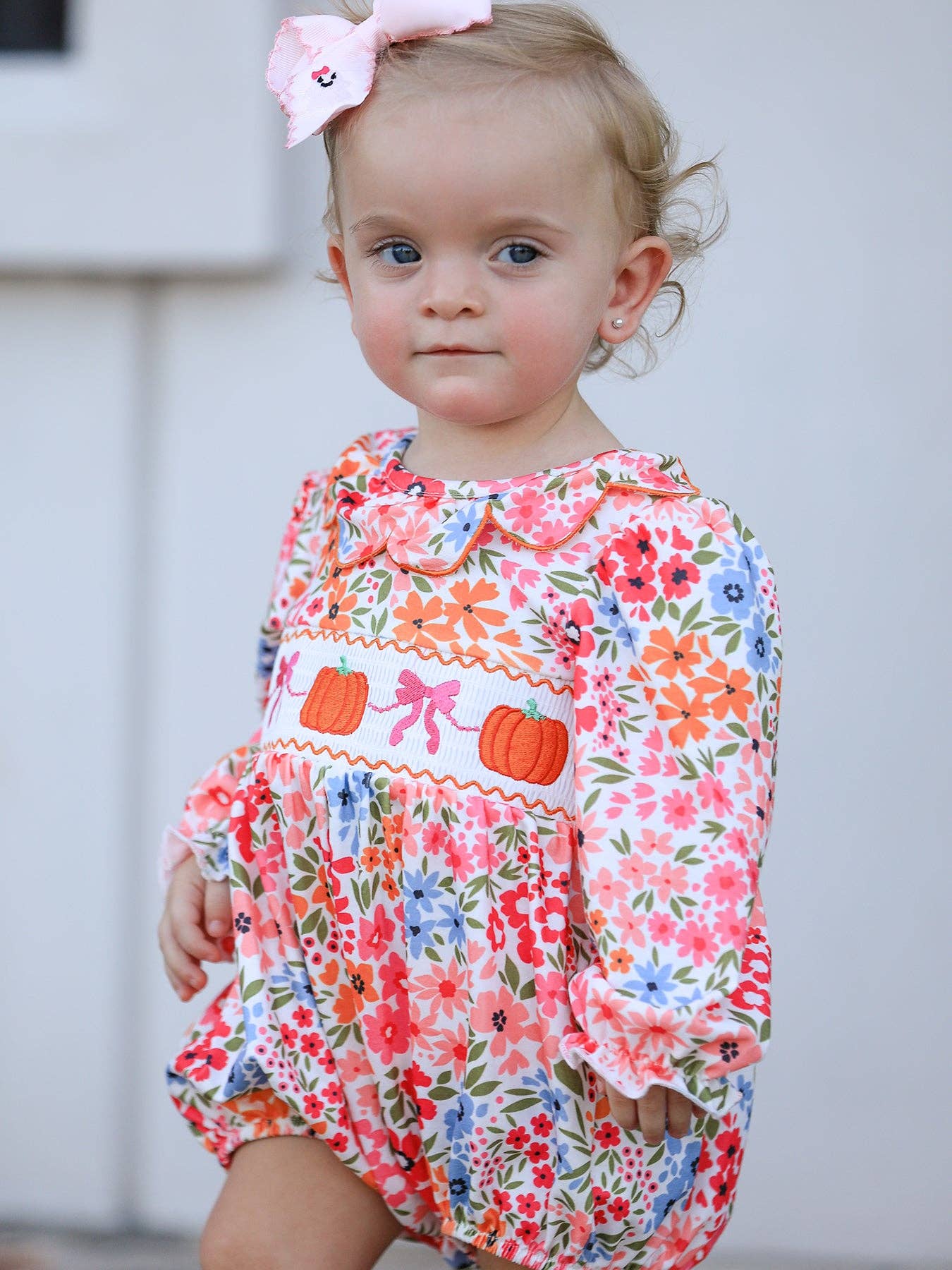 Pumpkin Bow Smock Floral Romper
