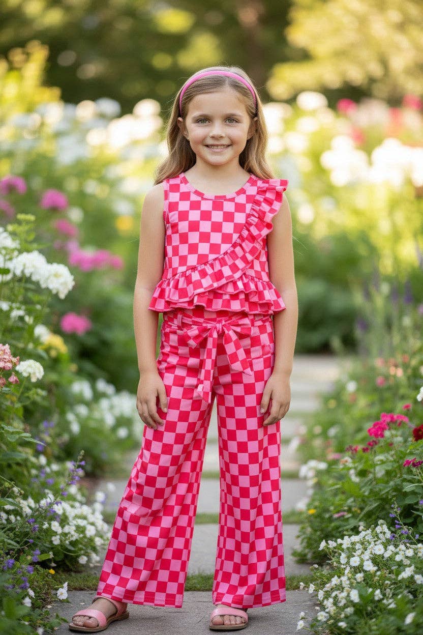 Hot pink checkered printed ruffle top & straight cut pants