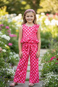 Hot pink checkered printed ruffle top & straight cut pants