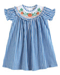 Blue Gingham Pumpkin Smocked Ruffle Bishop Dress
