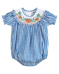 Blue Gingham Pumpkin Smocked Ruffle Romper