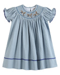 Blue Pinstripe Mallard Duck Smocked Bishop Dress