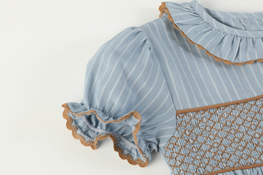 Blue Pinstripe Brown Smocked Ruffle Collar Dress
