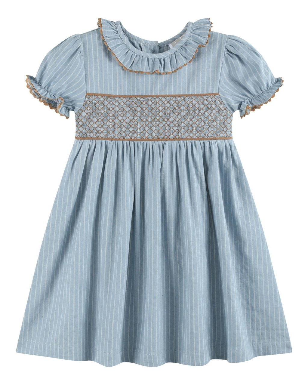 Blue Pinstripe Brown Smocked Ruffle Collar Dress