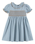 Blue Pinstripe Brown Smocked Ruffle Collar Dress