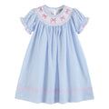 Blue Seersucker Bow Smocked Bishop Dress