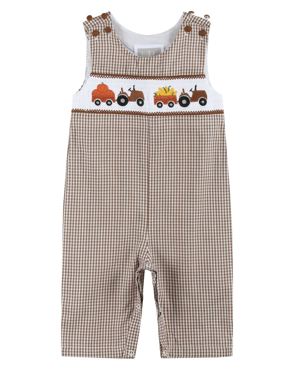 Brown Gingham Pumpkin and Corn Tractor Smocked Longalls
