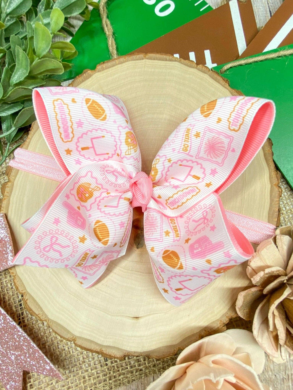 Football Print Pink Double Layer Hair Bow | Clip or Headband