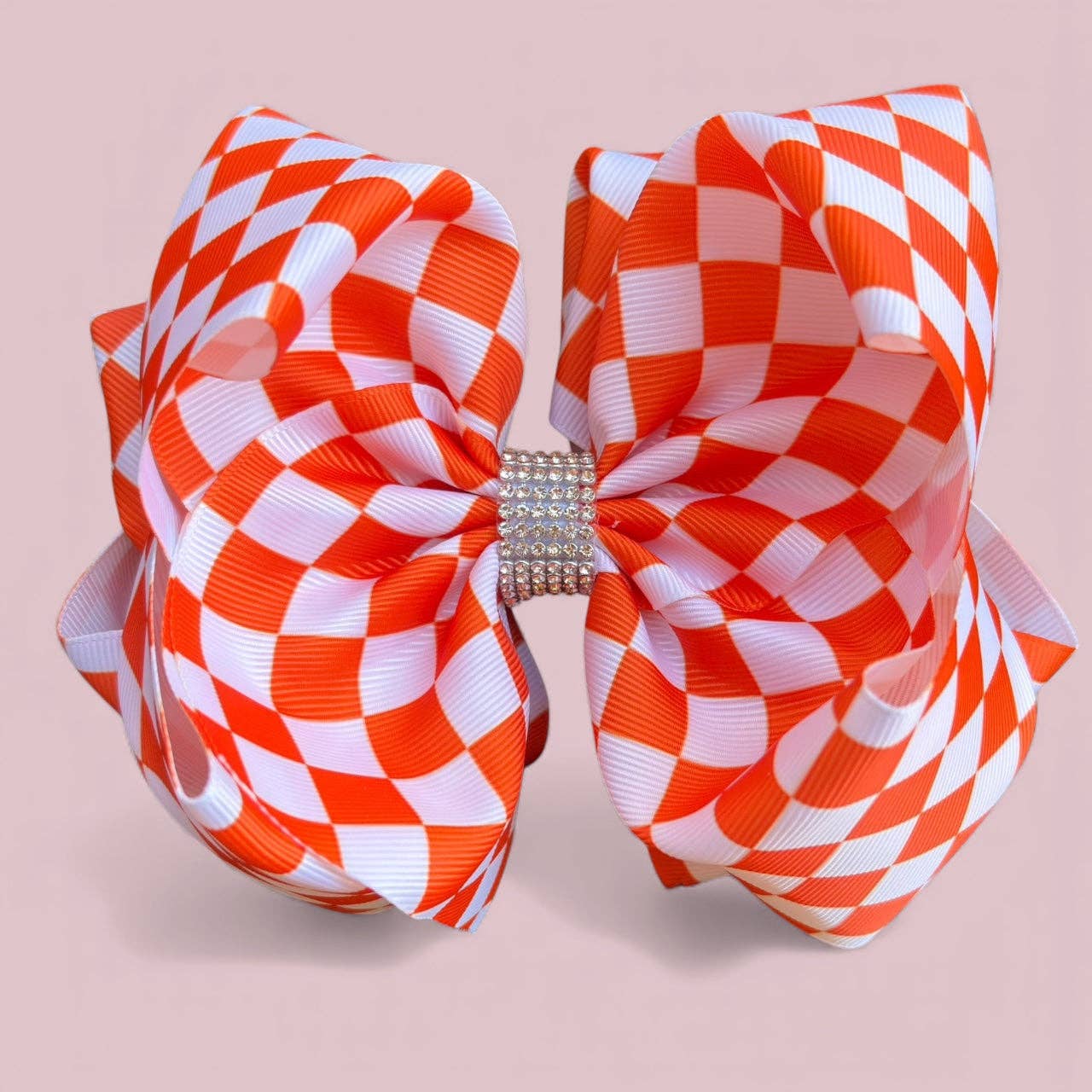 6.5" White & Orange checkered double hair bow on clip