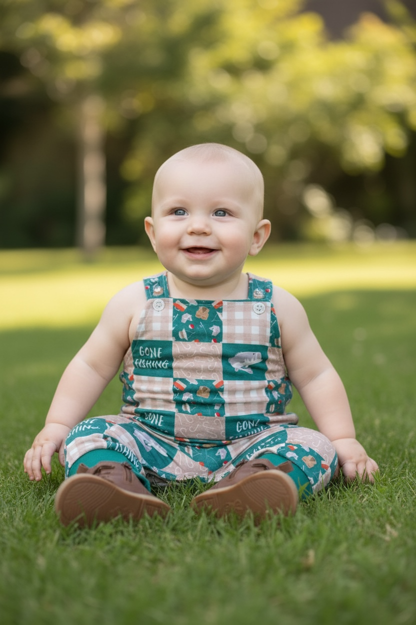 Gone fishing patchwork romper with snaps