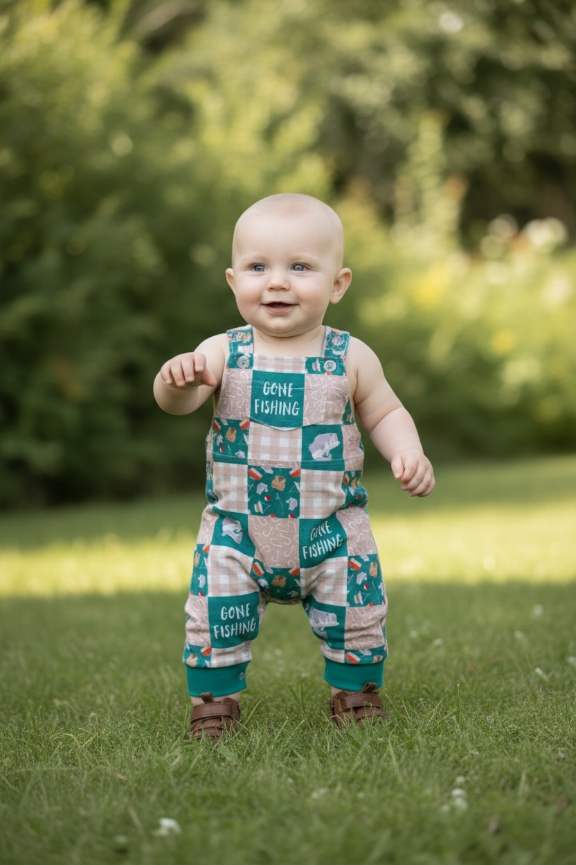 Gone fishing patchwork romper with snaps